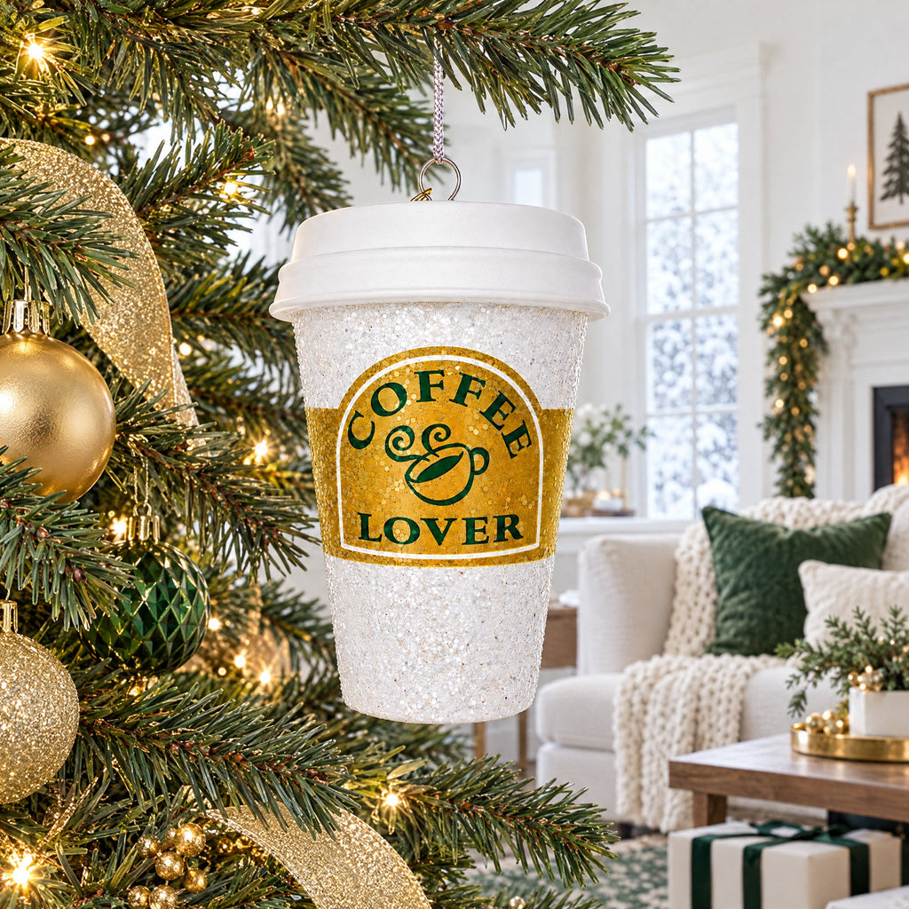 Coffee Lover's Cup Glass Christmas Ornament