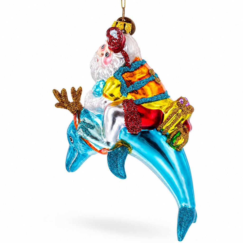 Santa Diver Riding Dolphin Glass Christmas Ornament