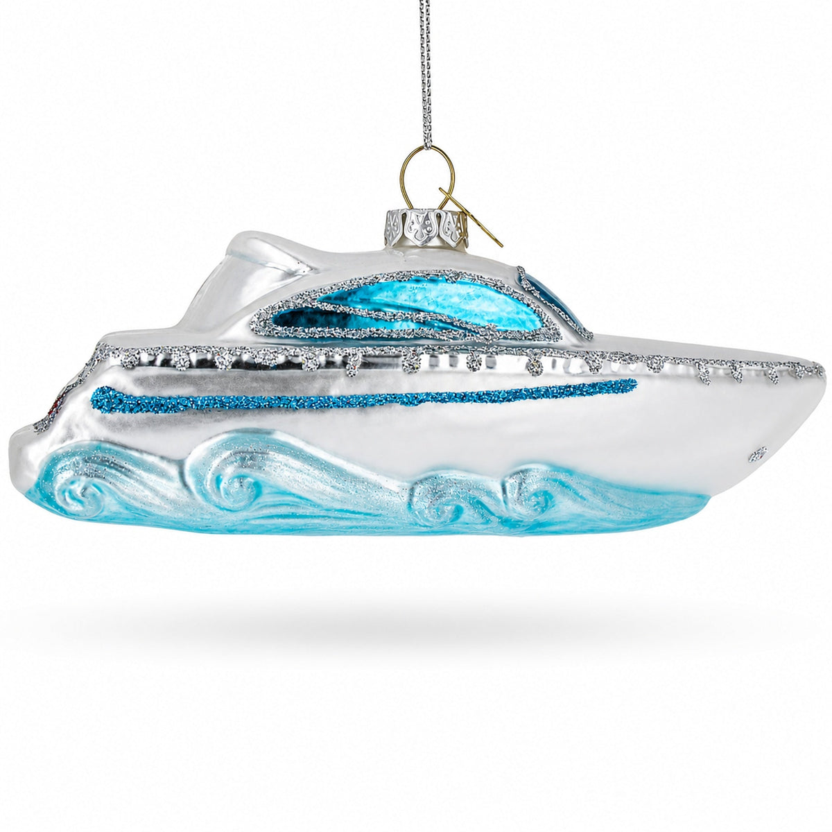 White Yacht Powerboat Glass Christmas Ornament