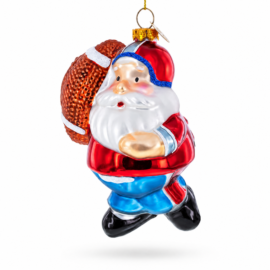 Santa the Football Player Glass Christmas Ornament