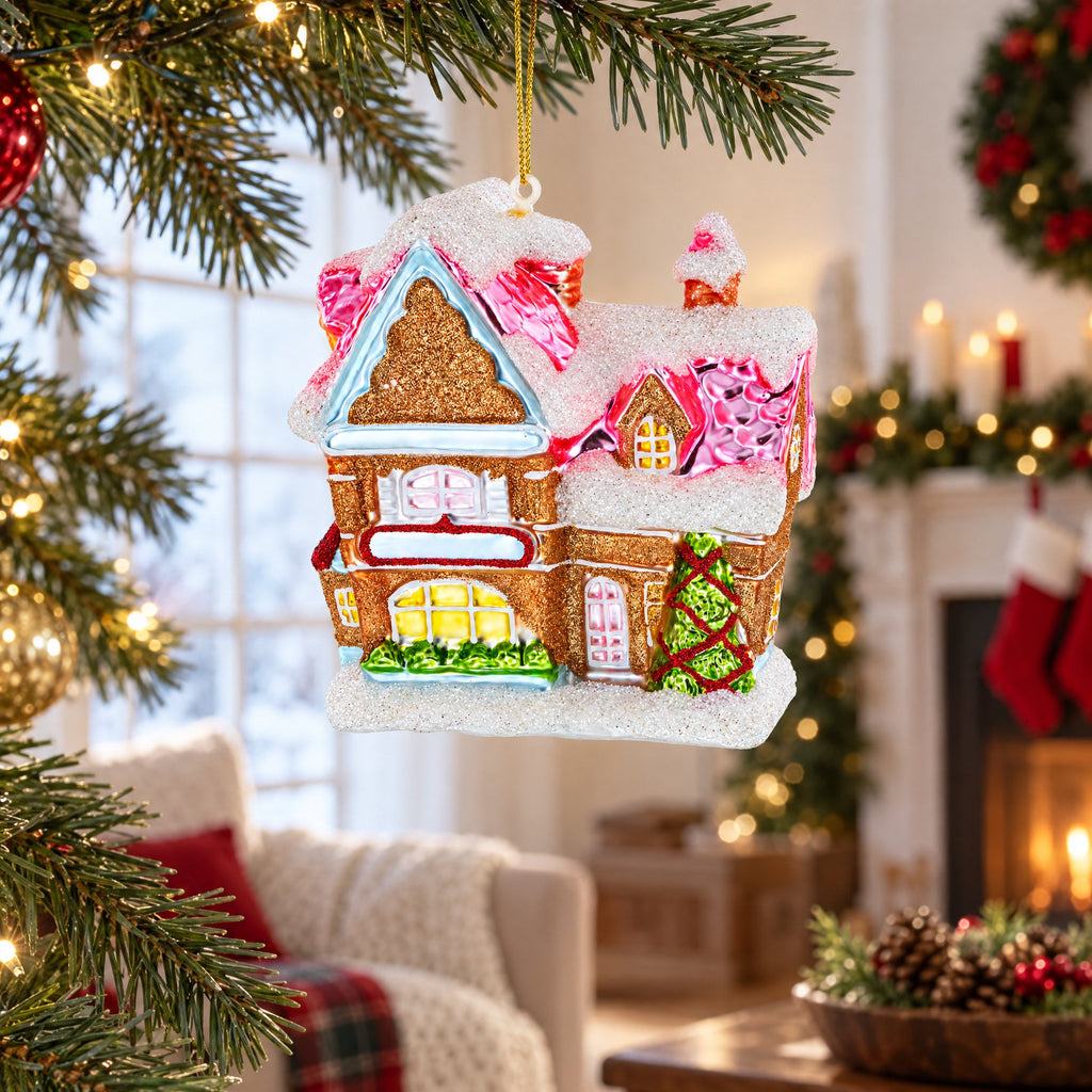 Decorated Gingerbread House Glass Christmas Ornament