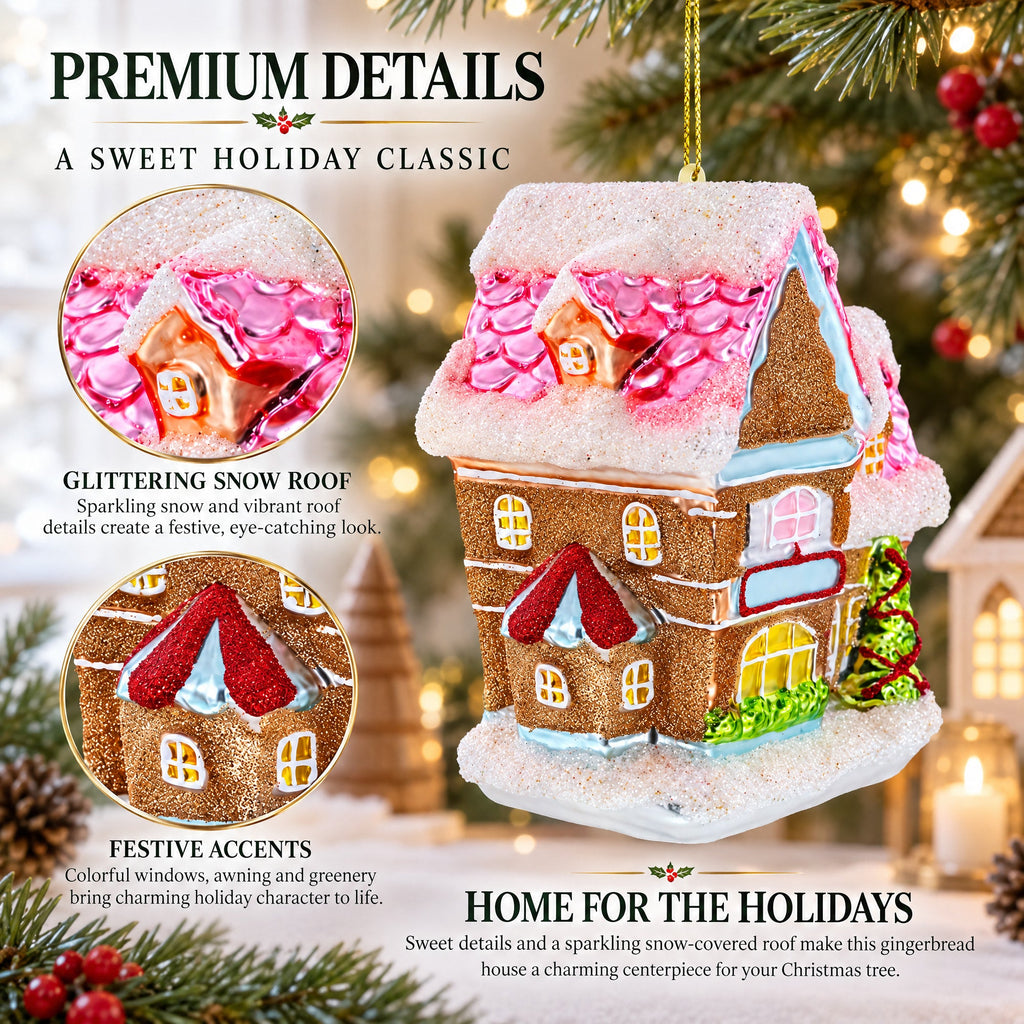 Decorated Gingerbread House Glass Christmas Ornament