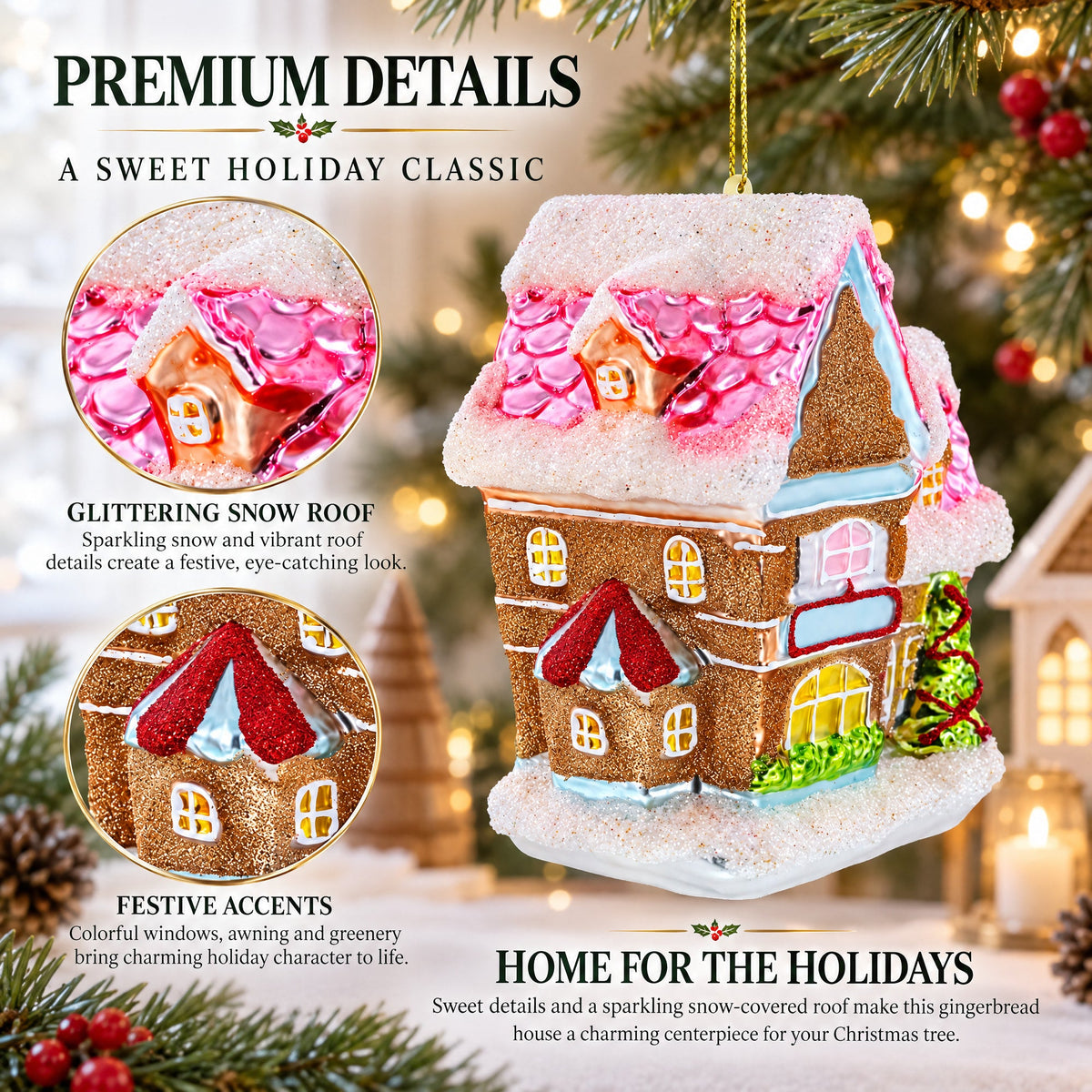 Decorated Gingerbread House Glass Christmas Ornament