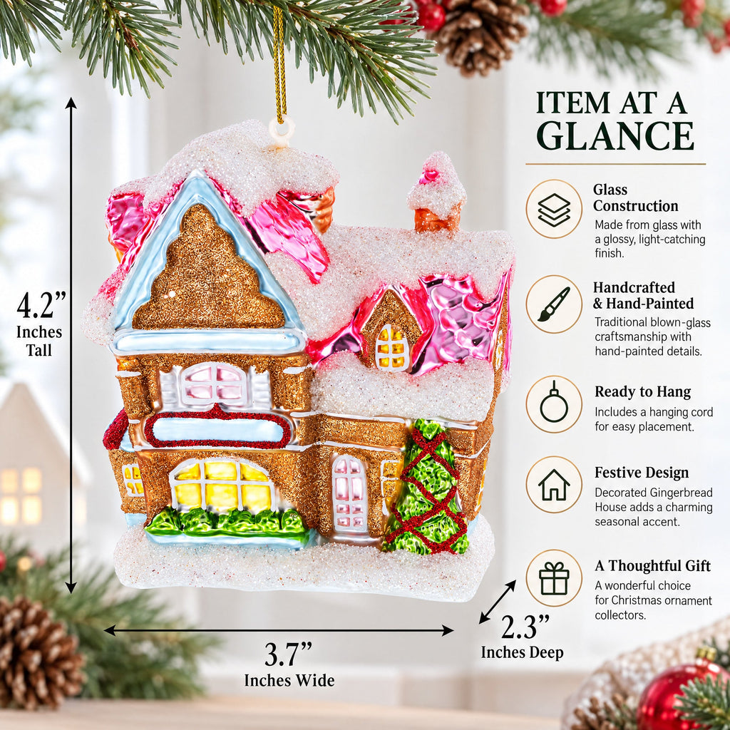Decorated Gingerbread House Glass Christmas Ornament