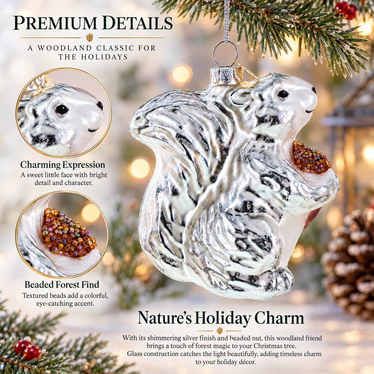 Silver Squirrel Retro Glass Christmas Ornament