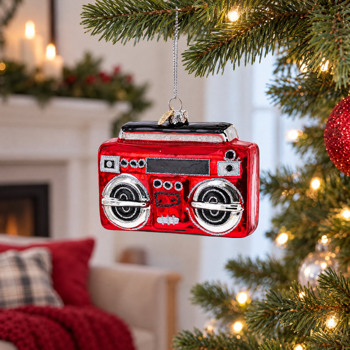 Retro Cassette Player Glass Christmas Ornament