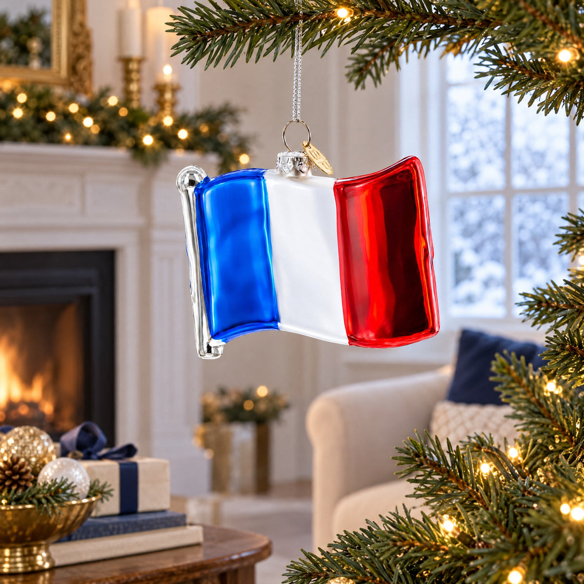 Waving Flag of France Glass Christmas Ornament