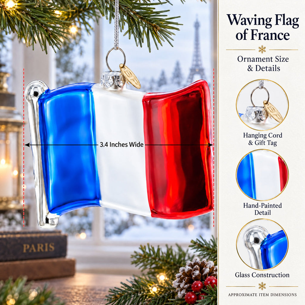 Waving Flag of France Glass Christmas Ornament