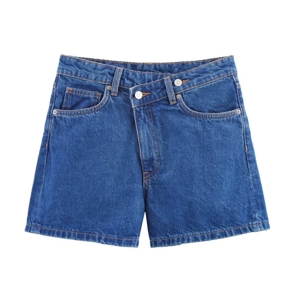 Cross waisted A-line denim straight shorts for women