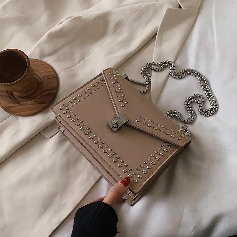 Dazzling Scrub Leather Designer Shoulder Bags For Women And Girls Luxury Chain Rivet Crossbody Bag - Female Small Handbags