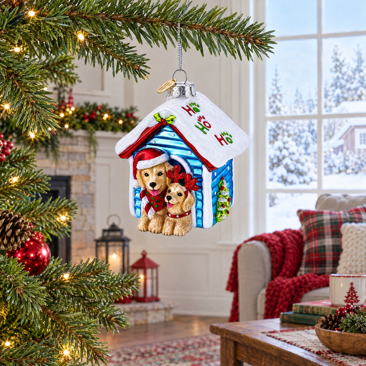 Christmas Doghouse with Two Holiday Puppies Glass Christmas Ornament