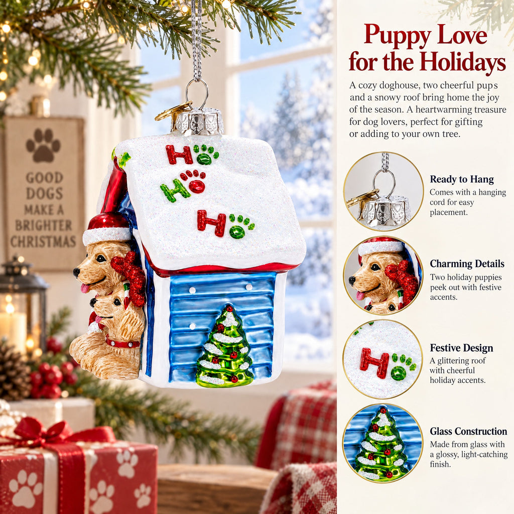 Christmas Doghouse with Two Holiday Puppies Glass Christmas Ornament