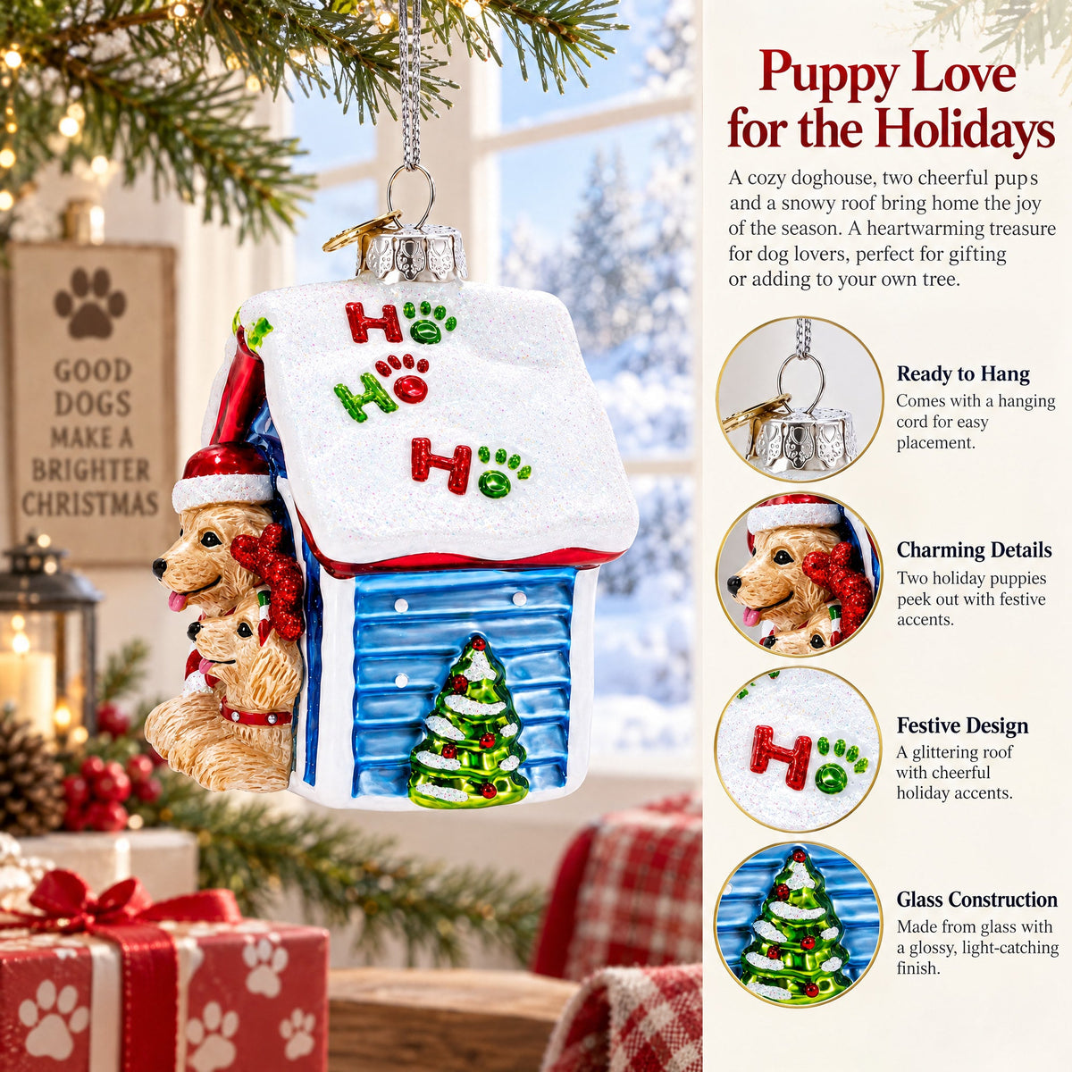 Christmas Doghouse with Two Holiday Puppies Glass Christmas Ornament