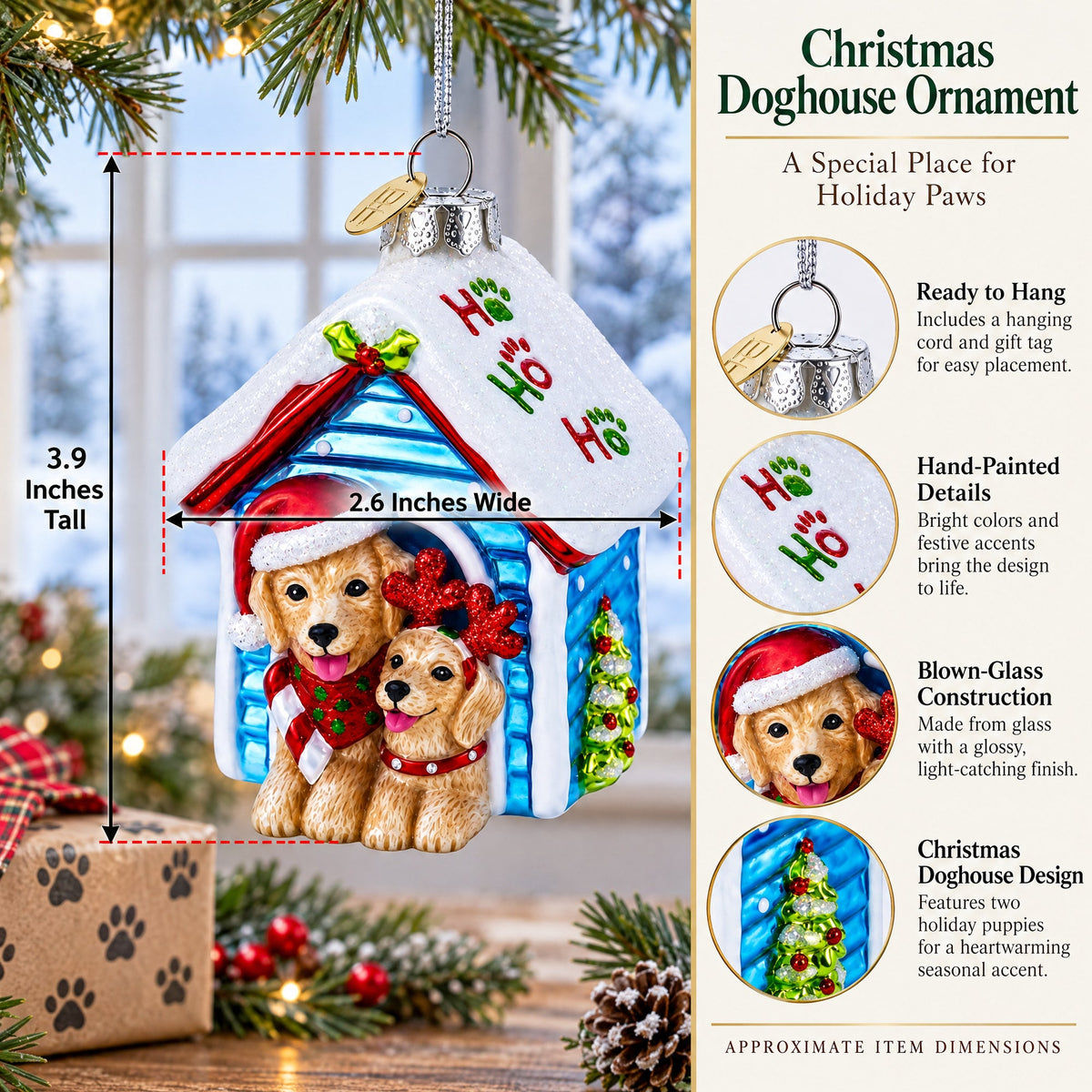 Christmas Doghouse with Two Holiday Puppies Glass Christmas Ornament