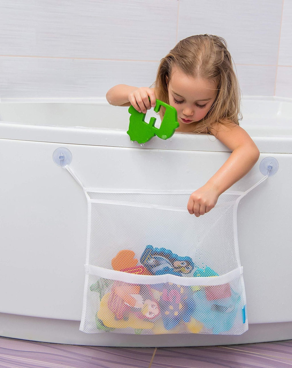Bath Toy Organisers Set of 2 Large Size 14.16 x 19.67 in and 15.75 x 19.68 in Storage Net Bags for Baby Bathtub Toys 4 Strong Suction Cups Bathroom Shower Caddy Holder Multi Use for Kids Toddlers