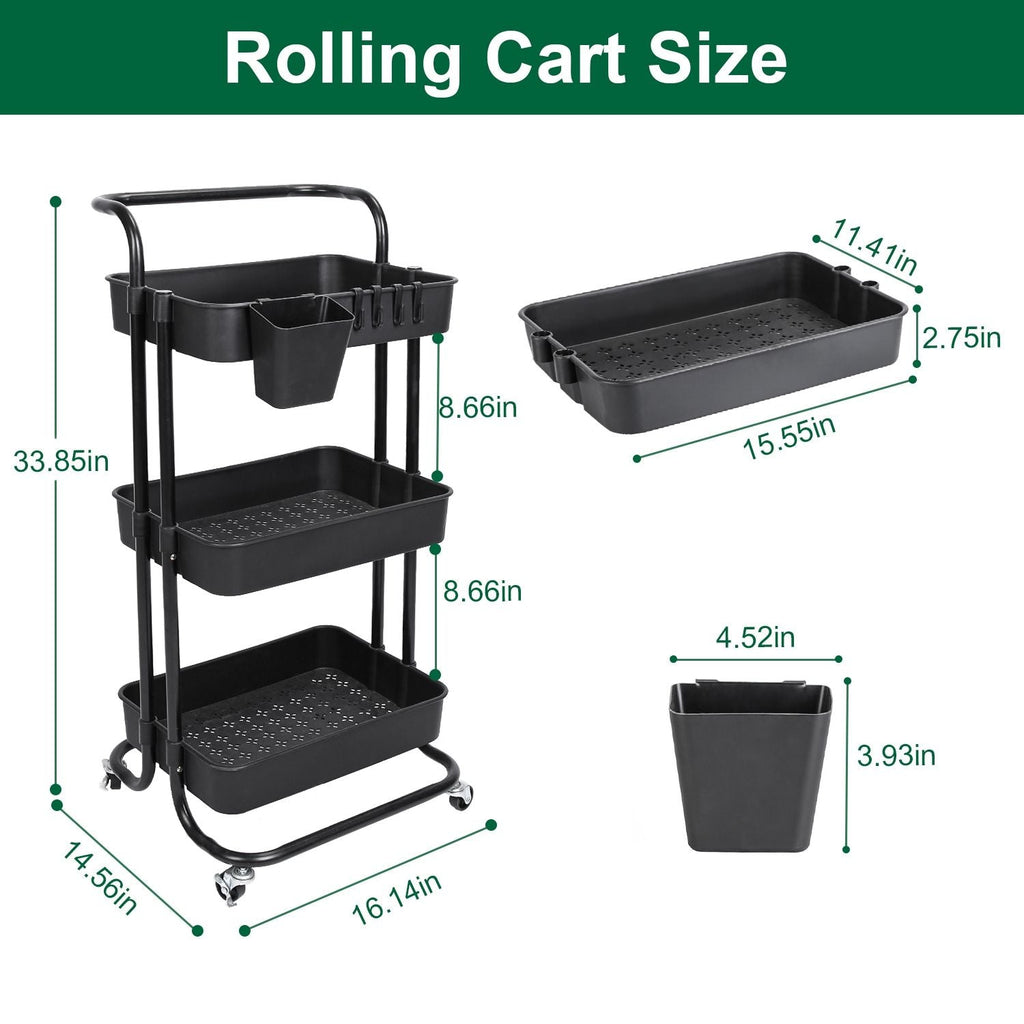 3 Tier Rolling Utility Cart Movable Storage Organizer with Mesh Baskets Lockable Wheels 360 Degree Rotatable Hanging Box Hooks Bedroom Bathroom Kitchen