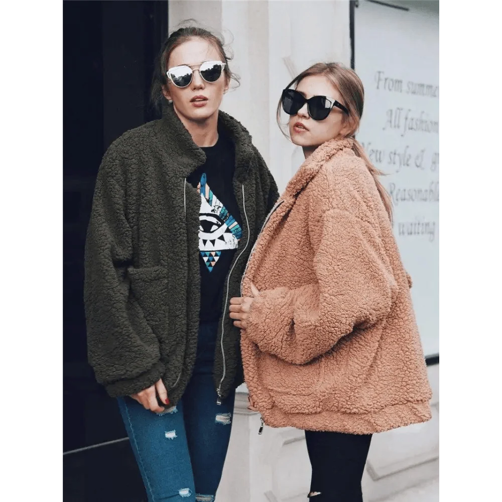Durable Autumn Winter Faux Fur Coat For Women Casual Warm Soft Zipper Fur Jacket Plush Overcoat Pocket Plus Size Teddy Coat For Female