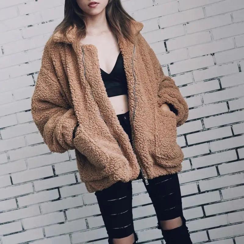 Durable Autumn Winter Faux Fur Coat For Women Casual Warm Soft Zipper Fur Jacket Plush Overcoat Pocket Plus Size Teddy Coat For Female