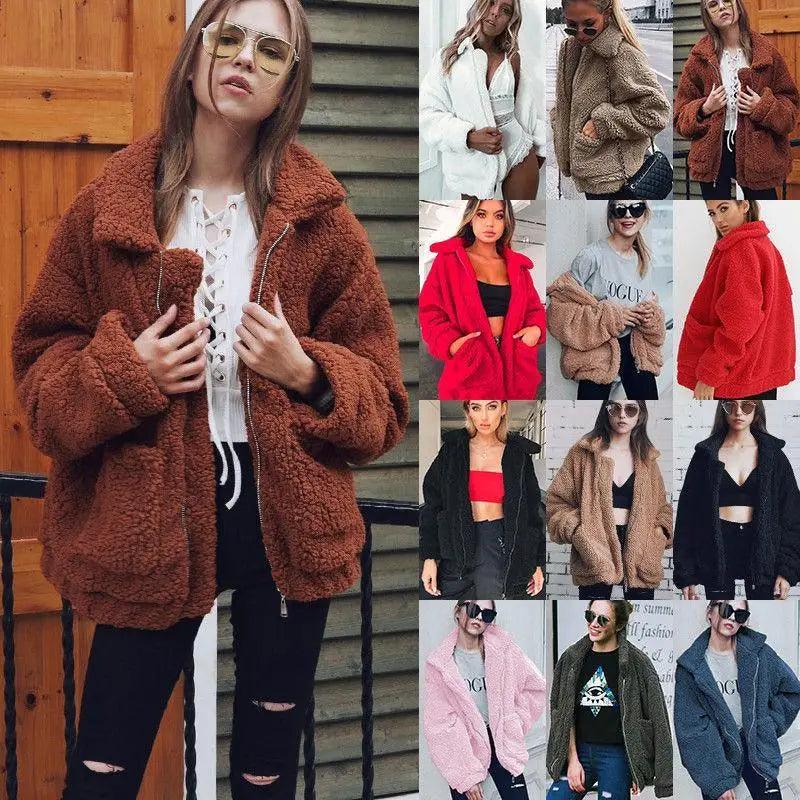 Durable Autumn Winter Faux Fur Coat For Women Casual Warm Soft Zipper Fur Jacket Plush Overcoat Pocket Plus Size Teddy Coat For Female