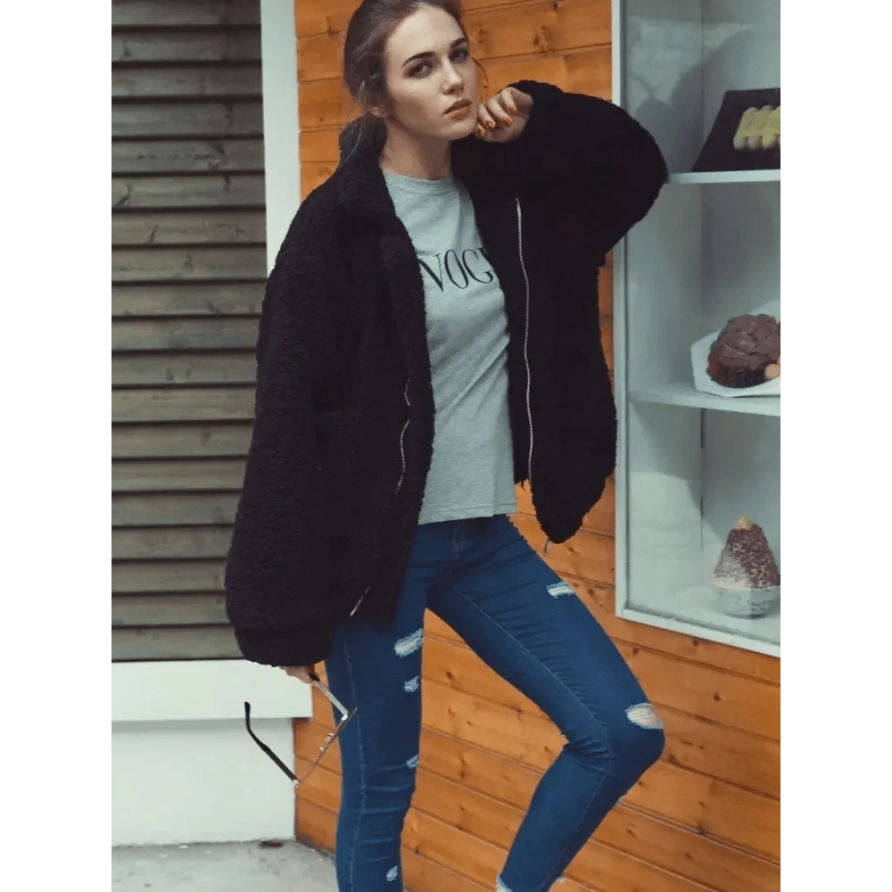 Durable Autumn Winter Faux Fur Coat For Women Casual Warm Soft Zipper Fur Jacket Plush Overcoat Pocket Plus Size Teddy Coat For Female