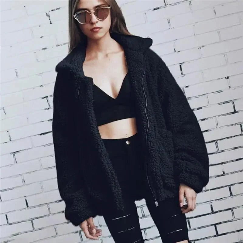 Durable Autumn Winter Faux Fur Coat For Women Casual Warm Soft Zipper Fur Jacket Plush Overcoat Pocket Plus Size Teddy Coat For Female