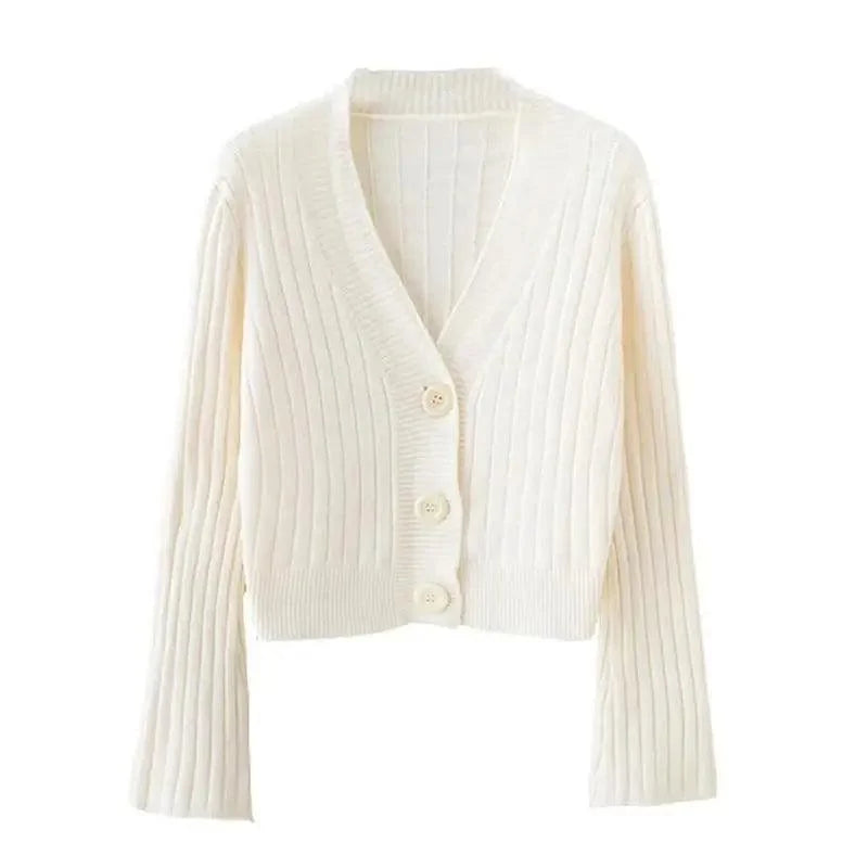 Elegance Cardigan Autumn Long Flare Sleeve Short Sweater Women Ribbed Knitted Cotton Tops Black White Ladies Soft Outwear Female