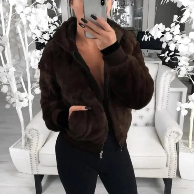 Elegance Faux Fur Women Coat With Hood High Waist Fashion Slim Black /Red /Pink Faux Fur Jacket Fake Rabbit Fur Coats