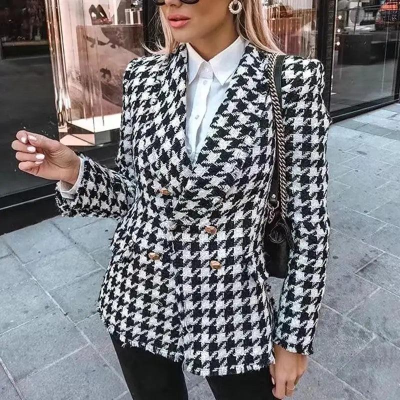 Elegance Women Tweed Jackets Fashionable Office Ladies Black Tassel Houndstooth Coats Female Autumn Vintage Thick Plaid Coat Girls Chic