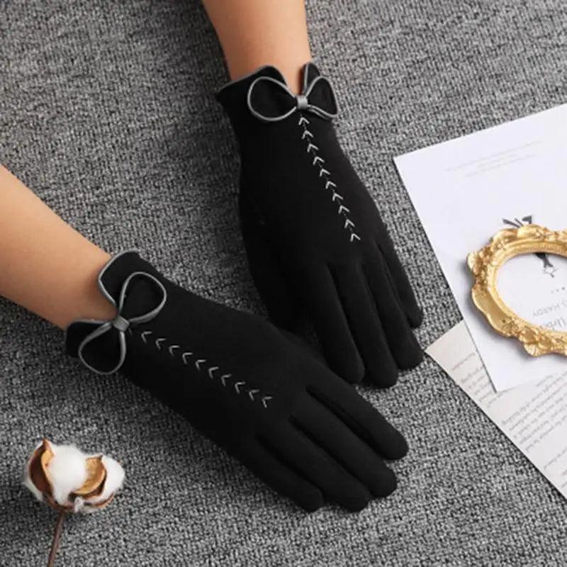 Elegant Black Winter Women Outdoor Warm One Size Gloves Fashionable Cute Bow Style Casual Gloves For Women