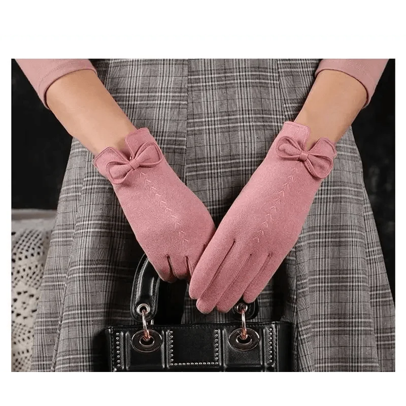 Elegant Black Winter Women Outdoor Warm One Size Gloves Fashionable Cute Bow Style Casual Gloves For Women