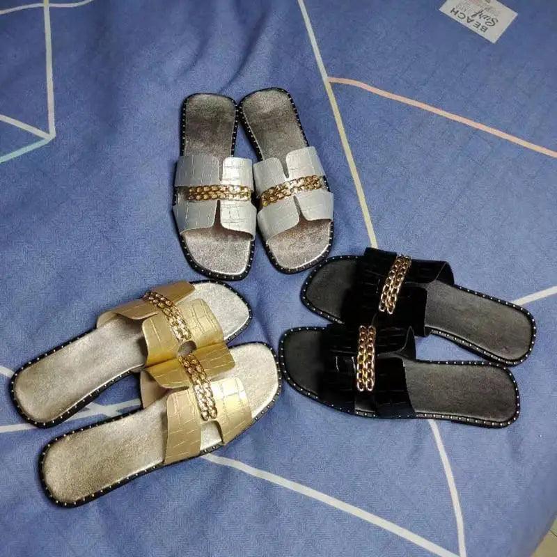 Elegant Black Women Chain Flip Flops Luxury Design  Sandal Women Outdoor Slippers Casual Style Sandals