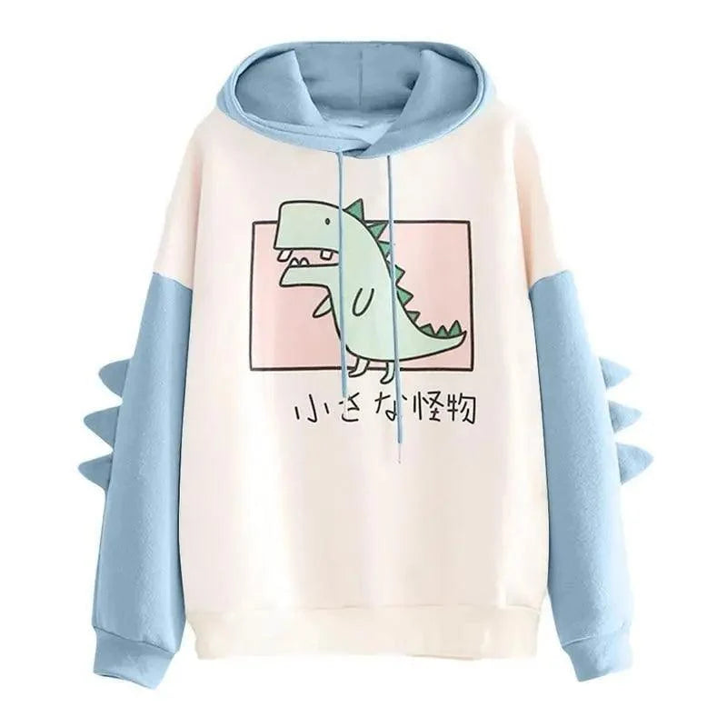 Elegant Oversized Hoodies Women Fashion Splice Dinosaur Print Sweatshirt Tops Casual Long Sleeve Clothes casualSpring Autumn Long Sleeve Dinosaur Sweatshirt Cartoon Design Cute Hoodies for Teens Girls