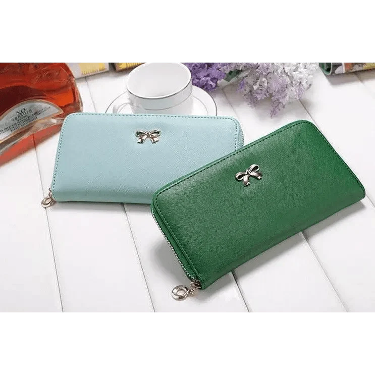 Elegant PU Leather Pink Bowknot Women Long Wallet Fashion Color Purse Phone Card Holder Women Trendy Large Capacity Long Purse
