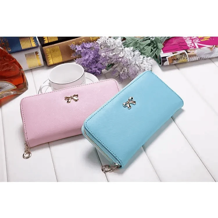 Elegant PU Leather Pink Bowknot Women Long Wallet Fashion Color Purse Phone Card Holder Women Trendy Large Capacity Long Purse