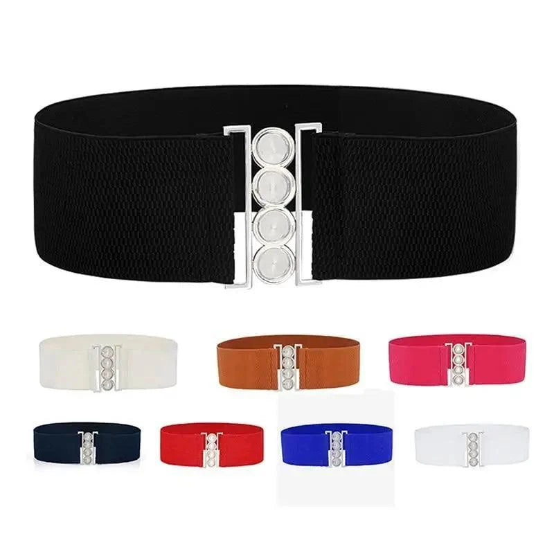 Elegant Wide Fabric Strap  Silver Metal Buckle Belts For Women Trendy Women's Fashion Stretchable Classic Color Belts