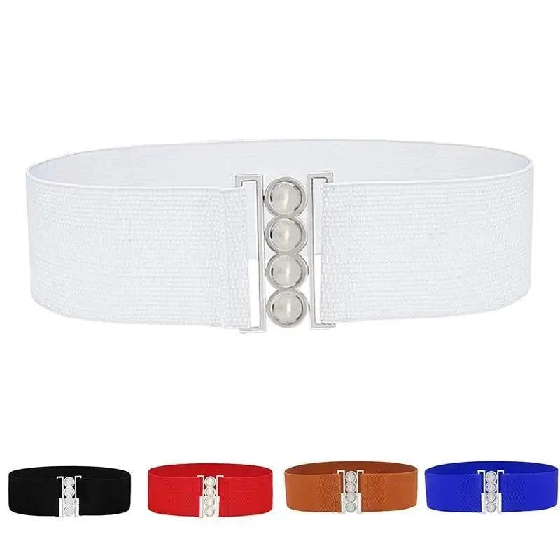 Elegant Wide Fabric Strap  Silver Metal Buckle Belts For Women Trendy Women's Fashion Stretchable Classic Color Belts
