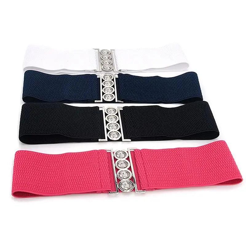 Elegant Wide Fabric Strap  Silver Metal Buckle Belts For Women Trendy Women's Fashion Stretchable Classic Color Belts