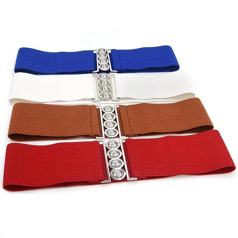 Elegant Wide Fabric Strap  Silver Metal Buckle Belts For Women Trendy Women's Fashion Stretchable Classic Color Belts