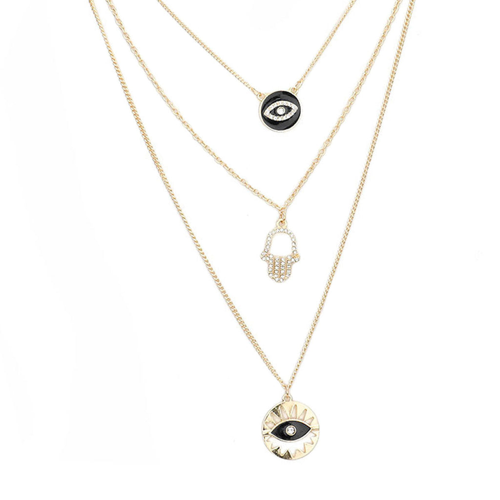 Enamel Rhinestone Evil Eye Hamsa Charm Triple Layer Necklace