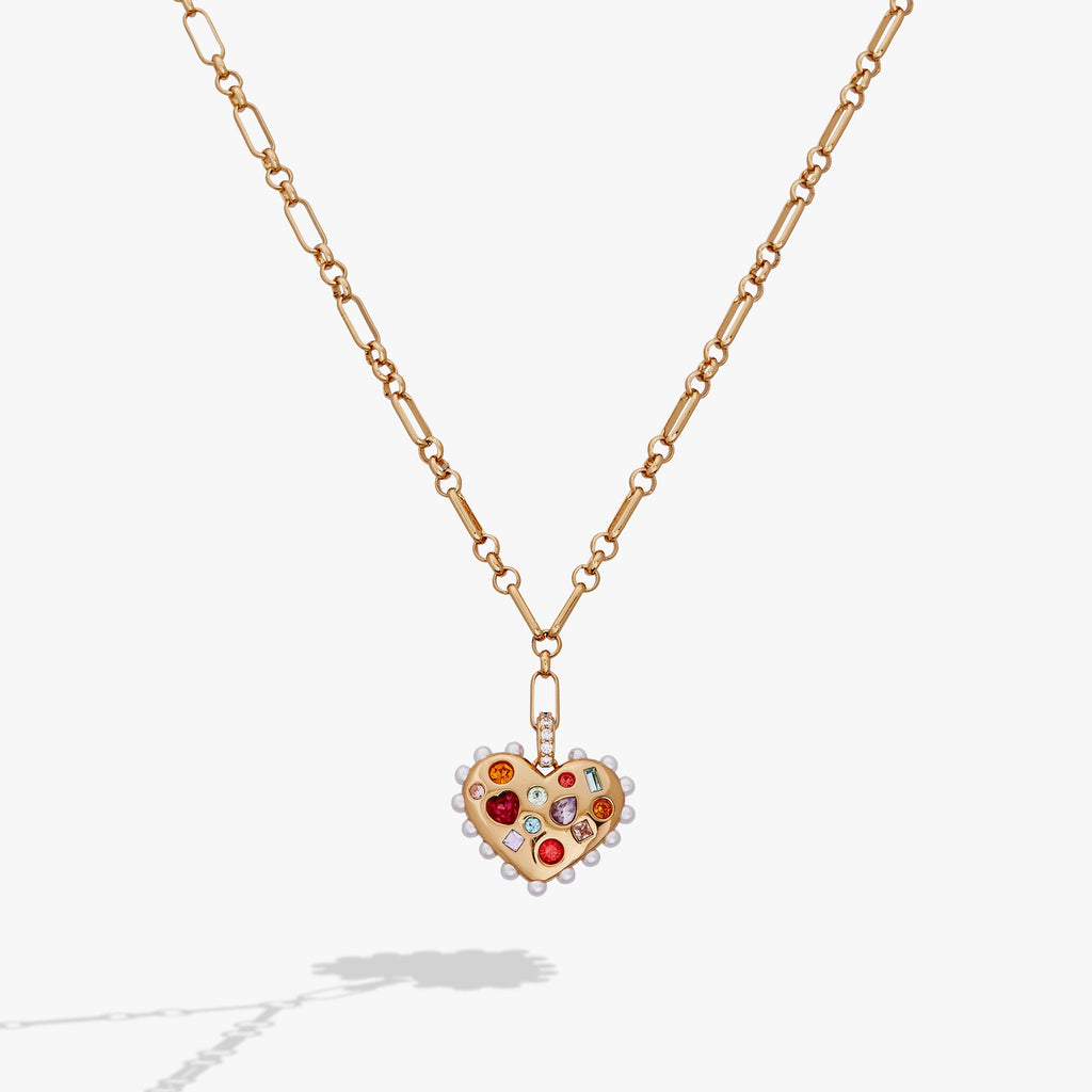 Puffy Heart Gemstone And Pearl Pendant Necklace