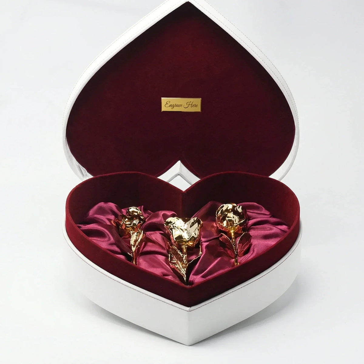 NEW - 3 Gold Dipped Roses 7" - Crimson Velvet Heart Shaped Leather Box