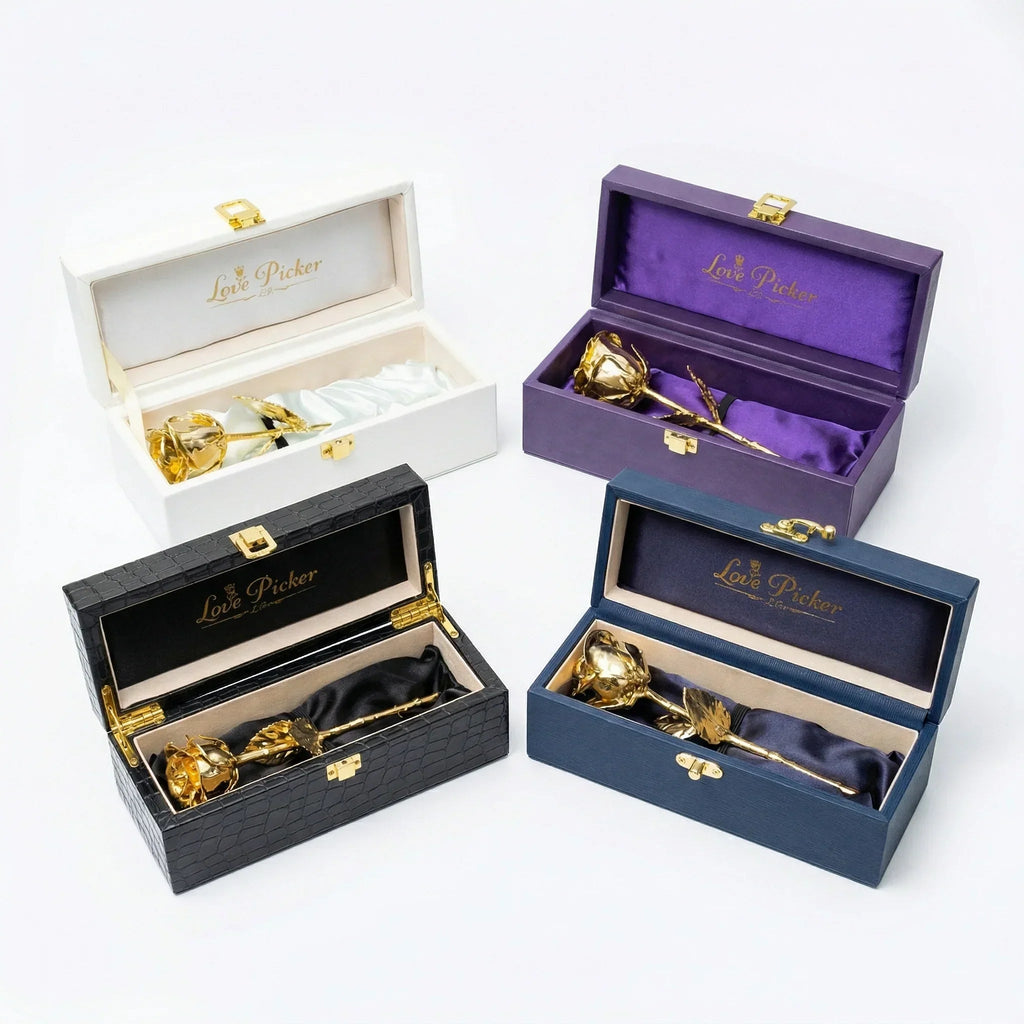 7" Electroplated 24K Gold Real Rose in vegan Leather Gift Box (Multiple Colors)