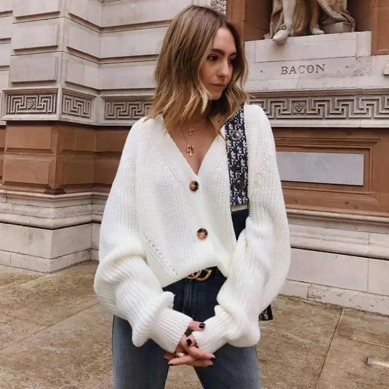 Hot Look Stylish Women's Knitted Cardigans Sweater Fashionable Autumn Long Sleeve Loose Coat Casual Button Thick V Neck Solid Female Tops