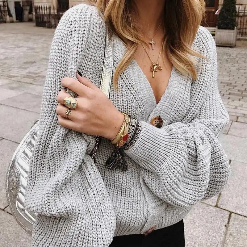 Hot Look Stylish Women's Knitted Cardigans Sweater Fashionable Autumn Long Sleeve Loose Coat Casual Button Thick V Neck Solid Female Tops
