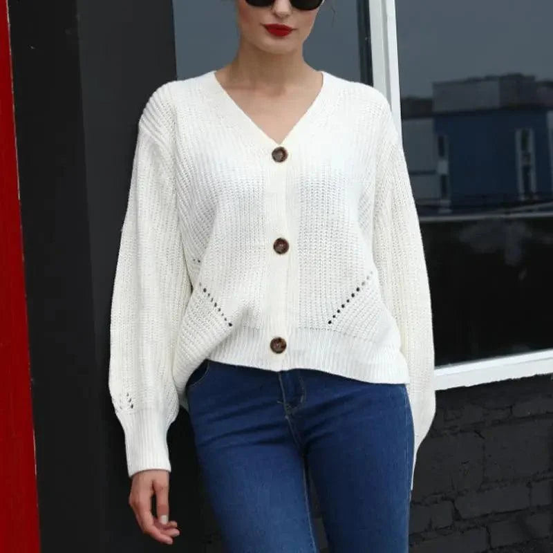 Hot Look Stylish Women's Knitted Cardigans Sweater Fashionable Autumn Long Sleeve Loose Coat Casual Button Thick V Neck Solid Female Tops