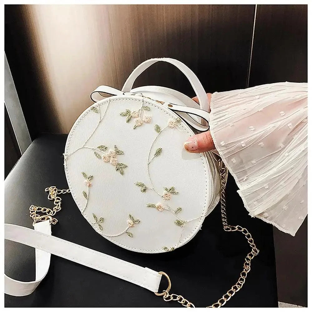 Hot Looking Sweet Lace Round Handbags High Quality PU Leather Small Fresh Flower Chain Shoulder Crossbody Bags For Women
