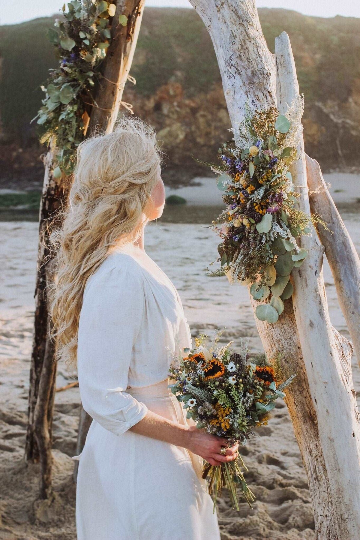 Boho Eucalyptus and Tansy Wedding Arch Arrangement