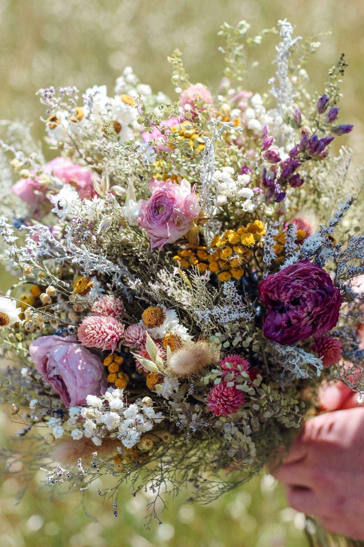 Dried Flower Bouquet with Ranunculus, Yarrow, Daisies & Baby’s Breath