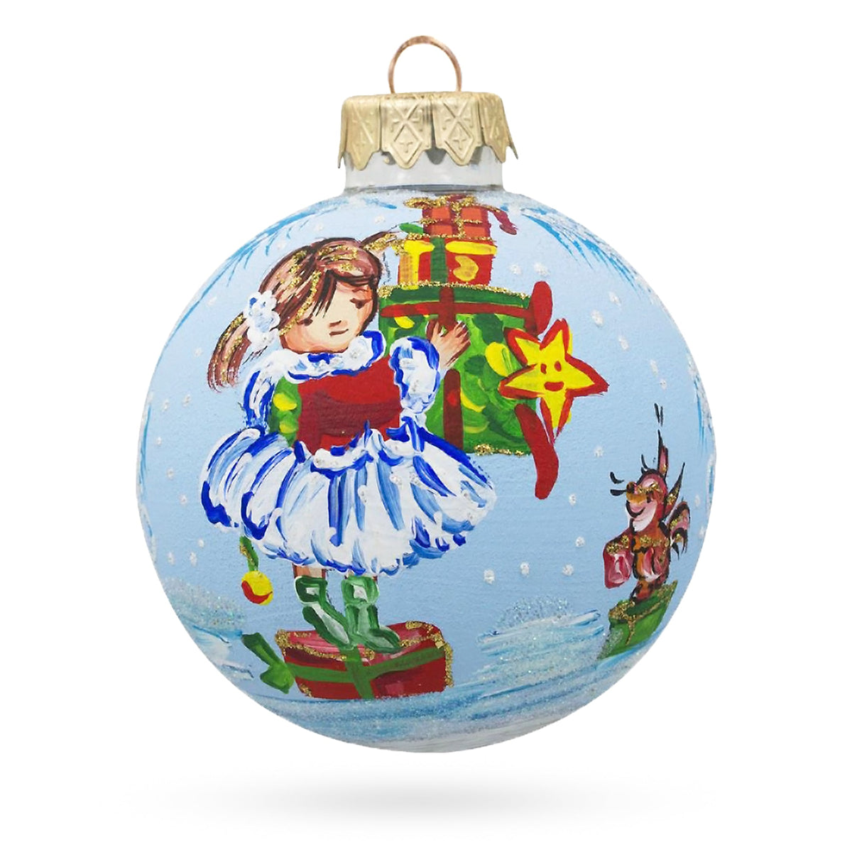 Little Girl Holding Gifts Glass Ball Christmas Ornament 3.25 Inches