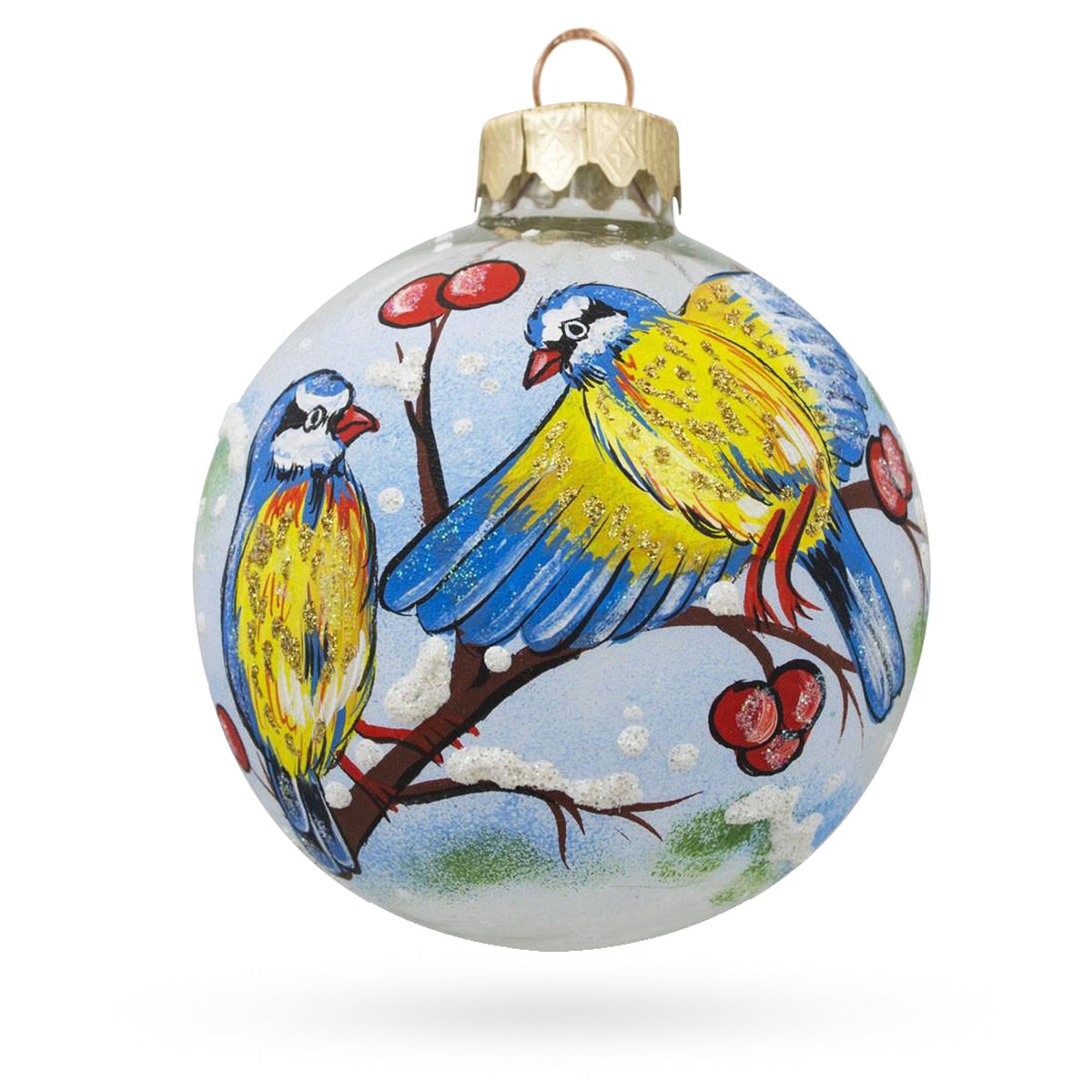 Blue and Yellow Birds on Branch Glass Ball Christmas Ornament 3.25 Inches